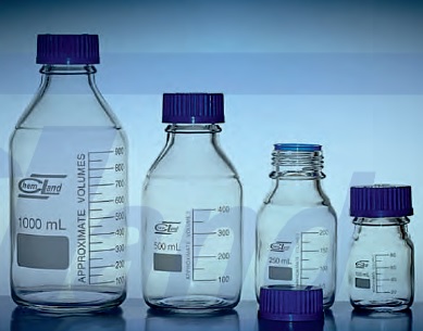 Laboratorijas pudeles un citas preces, Stikla pudeles ar zilu skrūvējamu vāciņu, autoklavējamas līdz 140C