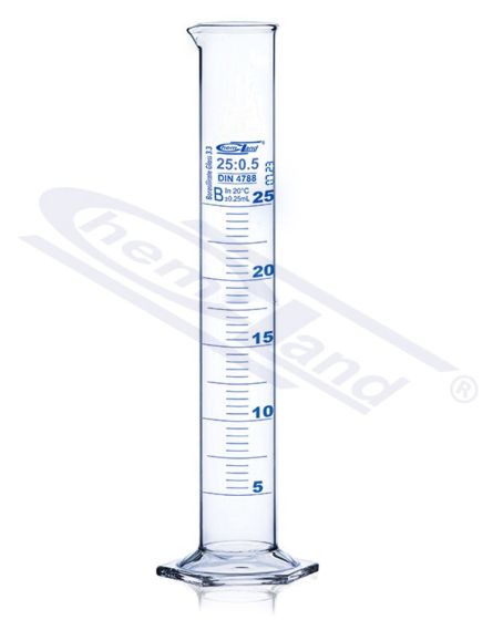 CHEMLAND NEW LINE mērcilindrs Kl B 0005 ml sešstūra stikla pamatne, zila skala