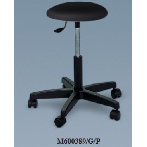 Regulējams grozošs krēsls, nerūsējošā tērauda sēdeklis Ø32 cm. Plastmasas pamatne bez ritenīšiem.