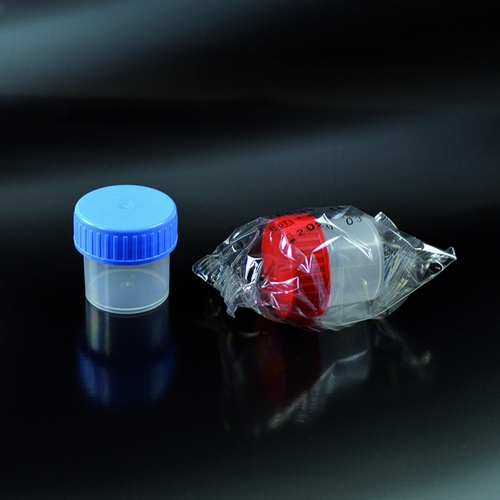 Konteiners nesterils 30 ml, D=35x38 mm, ar gaiši zilu skrūvējamu vāciņu, 100gab (kastē 600)