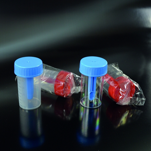 Konteineris ar karotīti izkārnījumiem 60ml, PP, Ø35x70 mm, graduēts, ar skrūvējamu vāciņu, N1 (kastē 500)