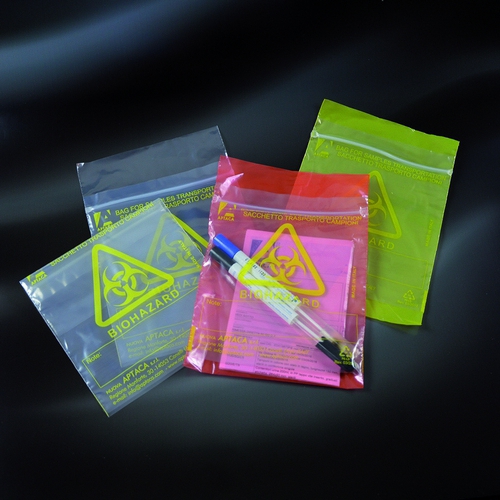 Dzelteni PE paraugu transportēšanas maisiņi, divas kabatas -155x235 mm, BIOHAZARD, N1000