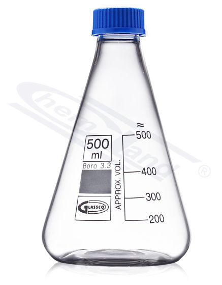 konusveida kolba no stikla ar zilu skrūvējamu vāciņu ar PTFE blīvējumu 0050ml GL25 ASTM E-438
